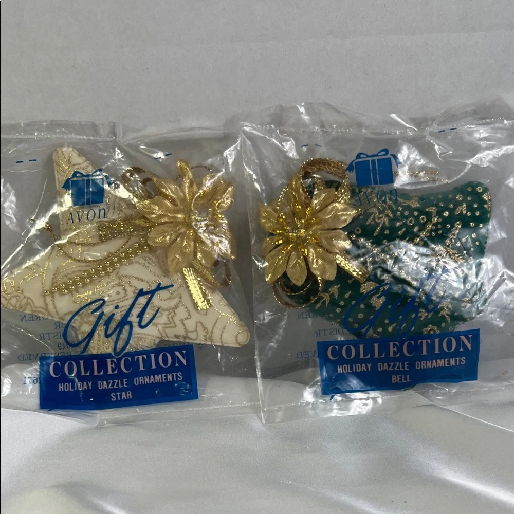 Vintage 1995 Avon‎ Gold and Green Dazzle Ornaments Set Bell & Star Old Stock